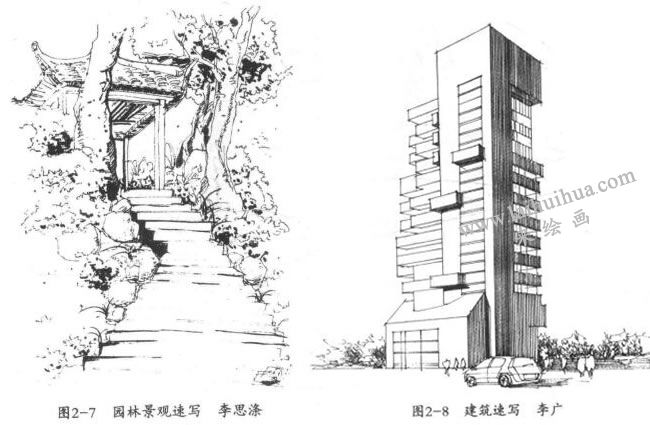 建筑速寫豎向式構圖
