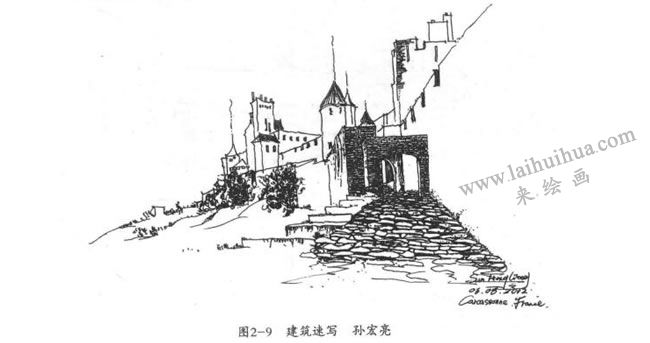 建筑速寫斜線式構圖