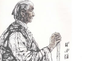 持杖的老太太寫意人物畫