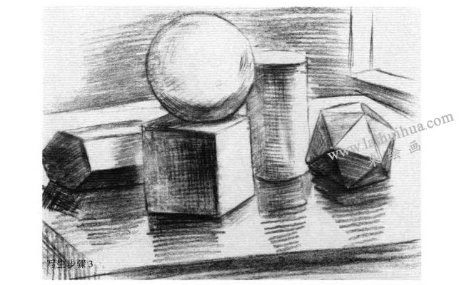 五個幾何體組合素描寫生作畫步驟03
