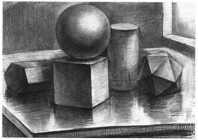 五個幾何體組合素描實例（二）