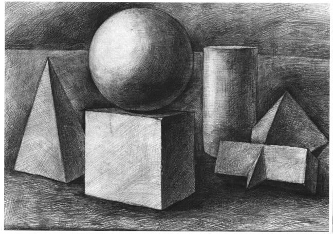 五個幾何體組合素描實例（三）