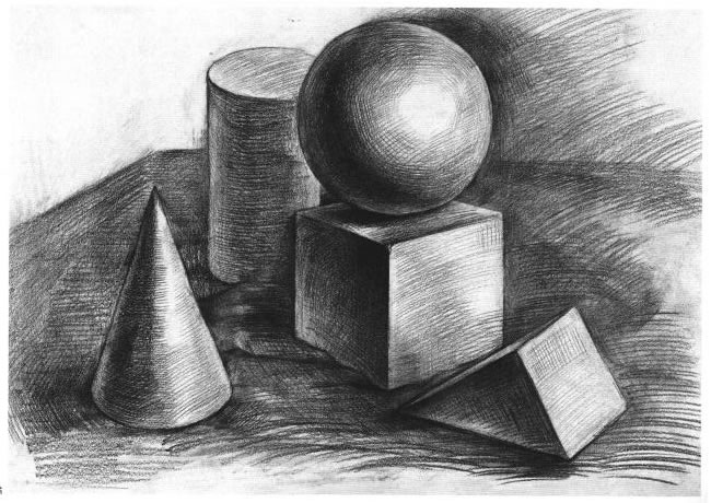 五個(gè)幾何體組合素描實(shí)例（四）