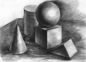 五個幾何體組合素描實例（四）