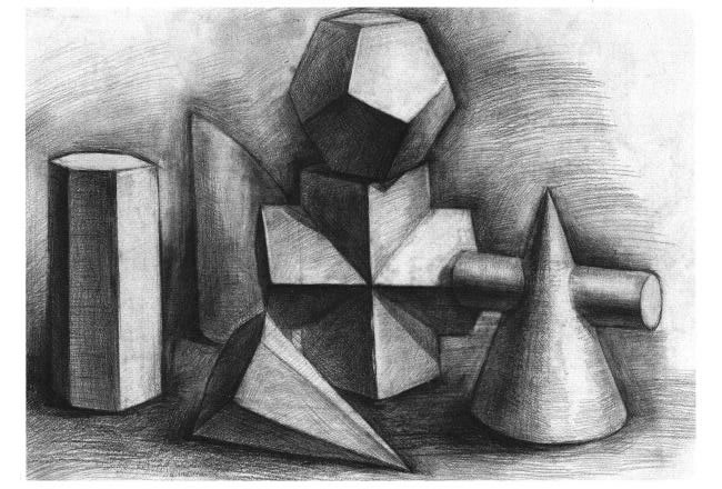六個幾何體組合素描實例（二）