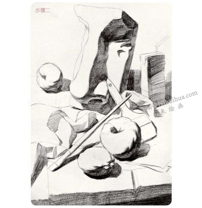水果類組合靜物素描畫法步驟02