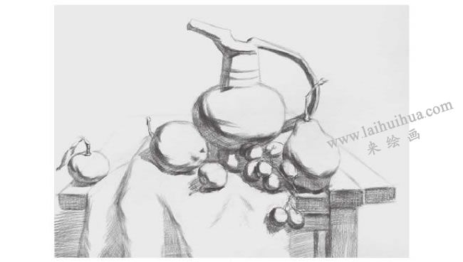 器皿與水果組合素描畫法步驟02