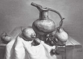 器皿與水果組合素描畫法
