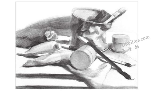 畫具顏料組合素描畫法步驟02，鋪大明暗
