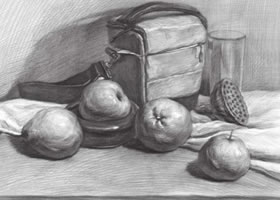 帆布包與水果組合素描畫法