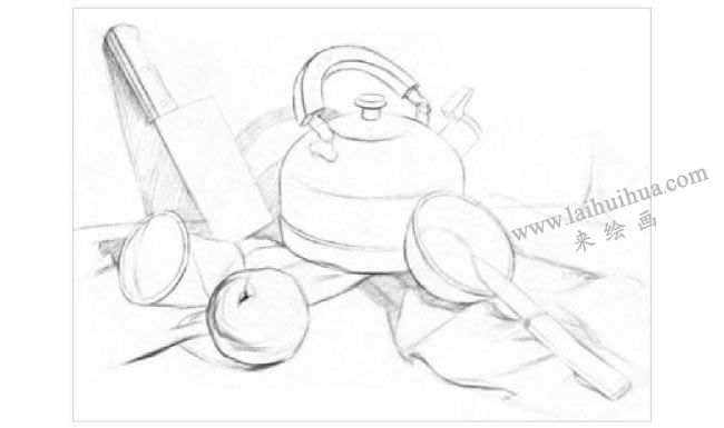 廚具與水果組合素描畫(huà)法步驟01