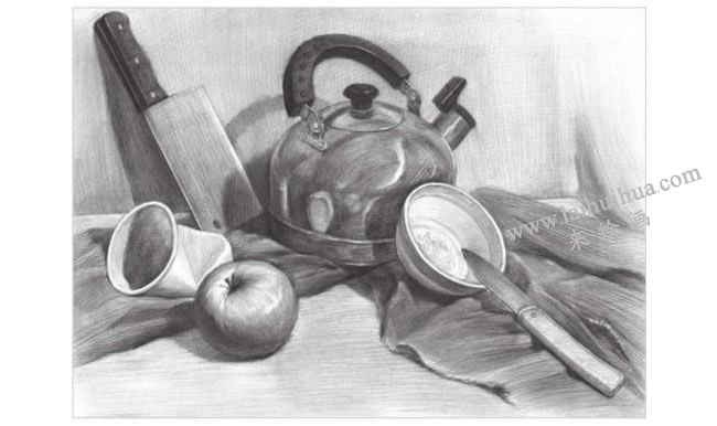 廚具與水果組合素描畫(huà)