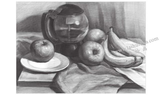 玻璃水壺與水果組合素描畫(huà)