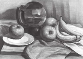 玻璃水壺與水果組合素描畫法