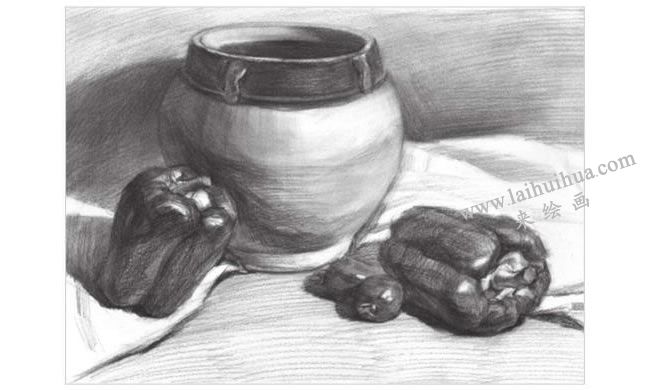 寬口陶罐與青椒組合素描畫法步驟03