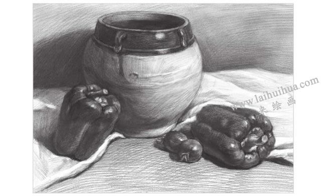 寬口陶罐與青椒組合素描畫