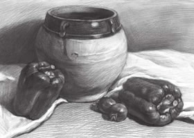 寬口陶罐與青椒組合素描畫法
