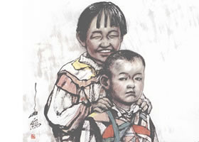 姐弟倆(雙人組合)寫意人物畫