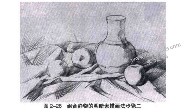 靜物的明暗素描畫法步驟：大體明暗