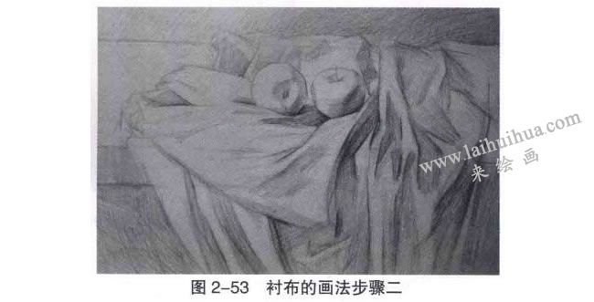 襯布類與水果組合復雜靜物素描畫法步驟02