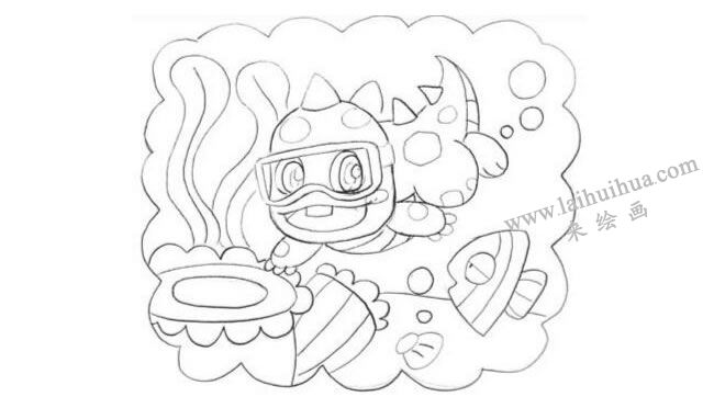 潛水的小恐龍創(chuàng)意素描畫法步驟02