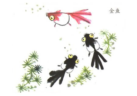 金魚(yú)兒童水墨畫(huà)法