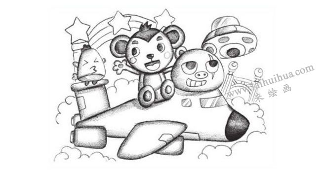 空中旅行創(chuàng)意素描畫法步驟03