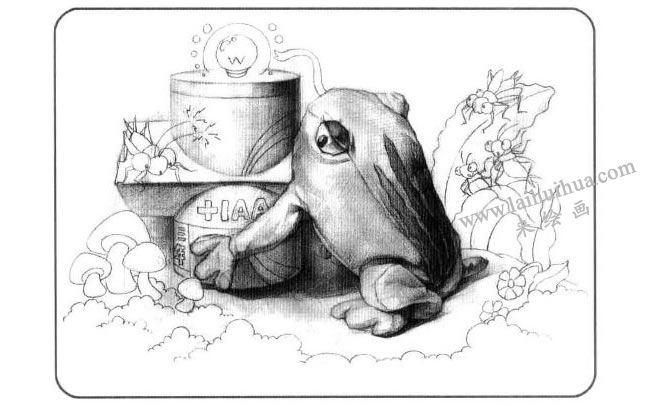青蛙與石膏組合體兒童創(chuàng)意素描畫法步驟03