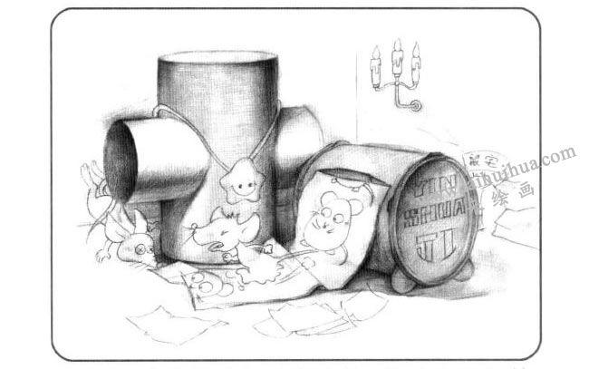 手紙盒與石膏組合體兒童創(chuàng)意素描畫法步驟03