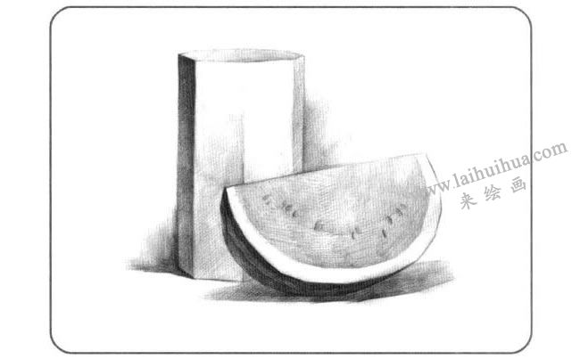 西瓜與石膏棱柱體兒童創(chuàng)意素描畫法步驟02