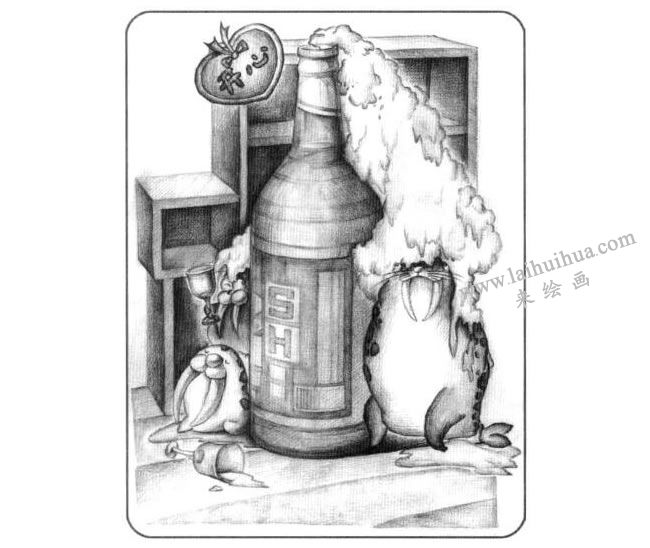 啤酒瓶兒童創(chuàng)意素描畫法步驟04