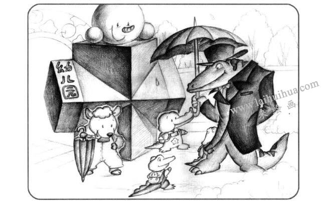 兩個長方體組合兒童創(chuàng)意素描畫法步驟03