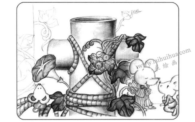 兩個圓柱體兒童創(chuàng)意素描畫法步驟03