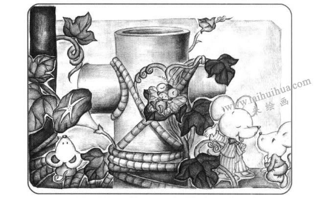 兩個圓柱體兒童創(chuàng)意素描畫法步驟04