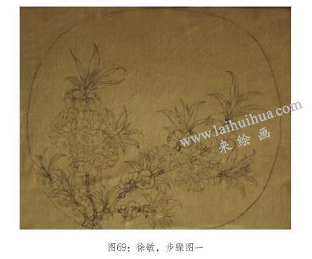 工筆畫《碧桃圖》臨摹示范步驟：勾白描底稿