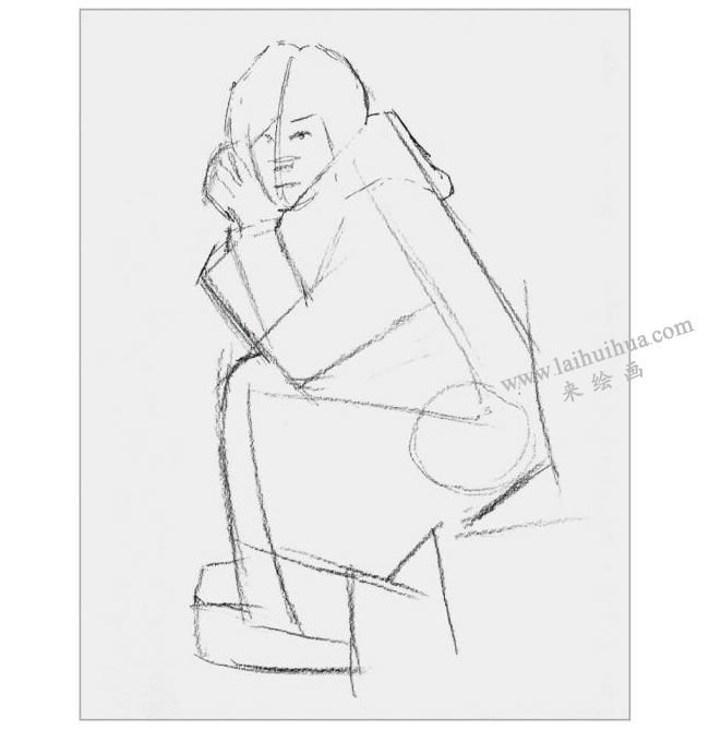 全側(cè)身蹲坐正視女青年的速寫繪畫步驟02