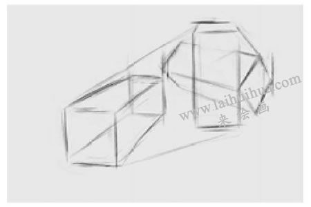 兩個(gè)幾何形體組合（長方體和穿插體）素描步驟圖示02