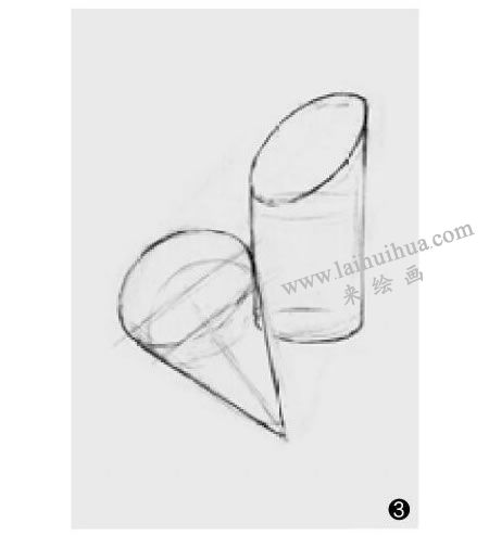 兩個(gè)幾何形體組合（切面圓柱體和圓錐體）素描步驟03