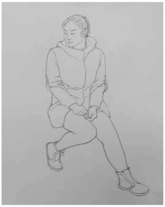 靜態(tài)坐姿女青年高分線描速寫步驟圖解03