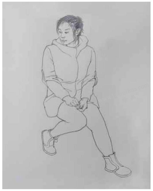 靜態(tài)坐姿女青年高分線描速寫步驟圖解04