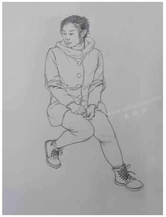 靜態(tài)坐姿女青年高分線描速寫步驟圖解05