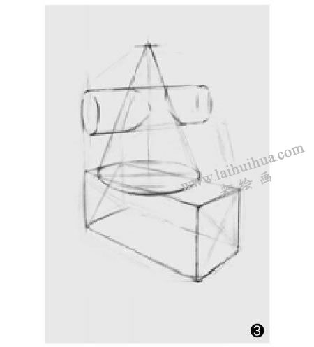 兩個(gè)幾何形體組合（圓錐穿插體和長(zhǎng)方體）素描步驟圖示03