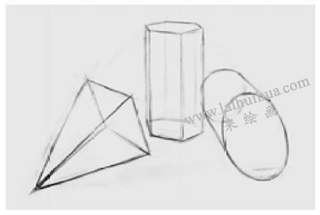 三個幾何形體組合（四棱錐、六棱柱和圓柱體）素描步驟圖示03