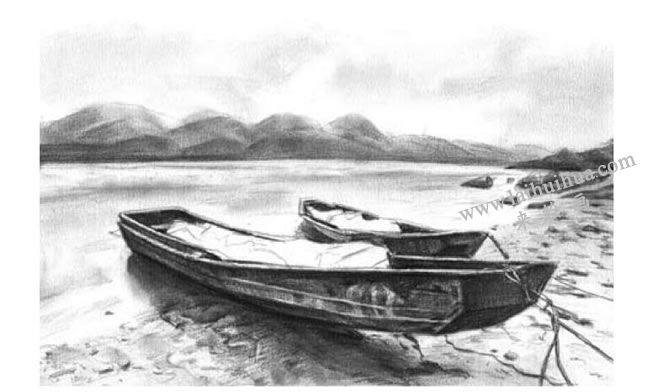 河灘上的小船素描畫法步驟07