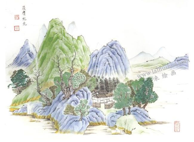 臨錢選《山居圖》古畫臨摹步驟：完成圖