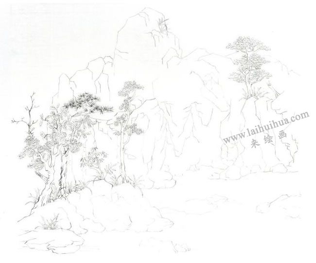 大青綠山水《南京瞻園》國畫寫生畫法步驟01