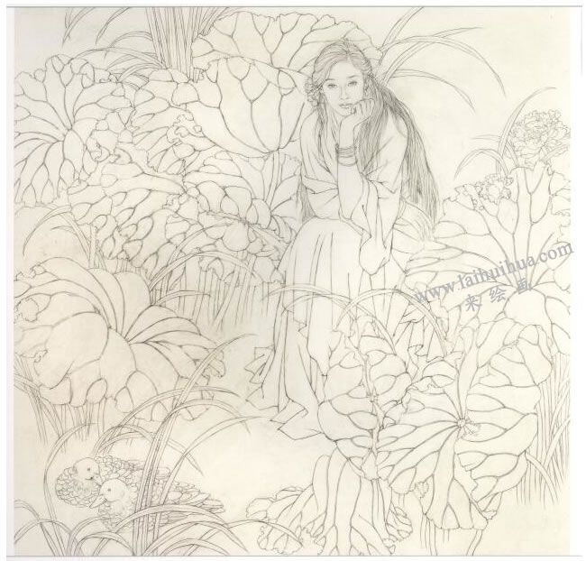 工筆仕女畫《荷陰》畫法步驟02