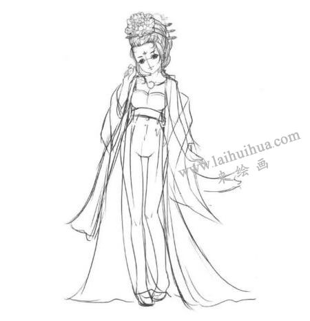 古代宮廷貴妃卡通漫畫素描繪制步驟05