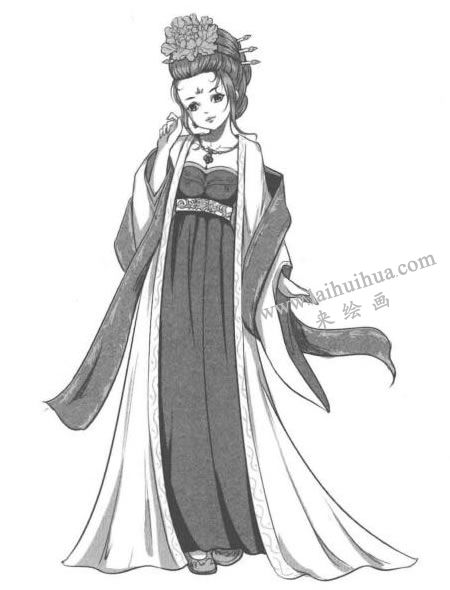 古代宮廷貴妃卡通漫畫素描繪制步驟07