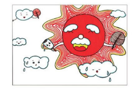太陽公公兒童畫線描繪畫步驟06
